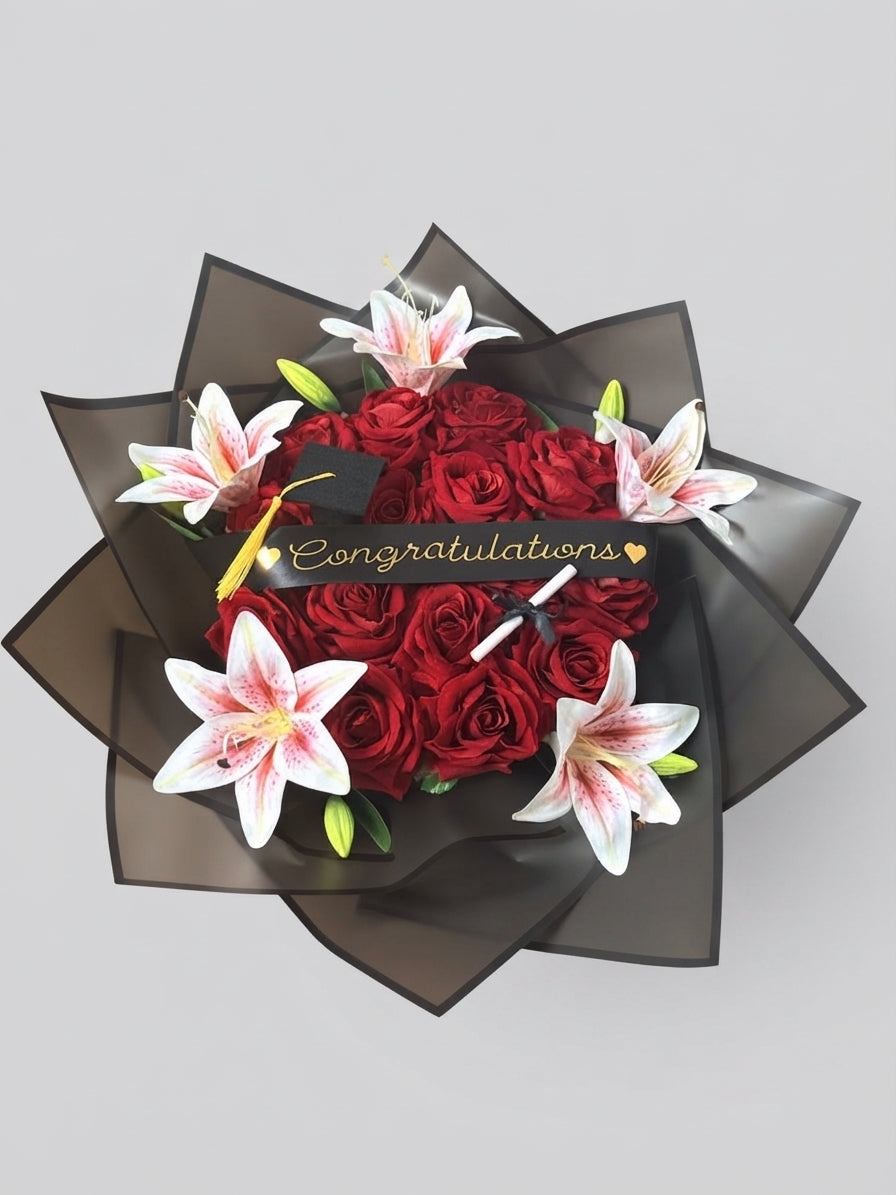 Artificial Red Rose Graduation Bouquet, Congratulations Flower Arrangement with Lilies and Gift Wrapping, Graduation Gift for Her, Daughter, Friend or Graduate