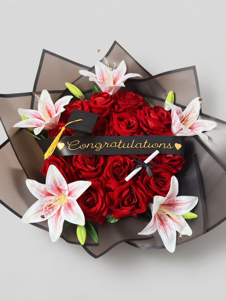 Artificial Red Rose Graduation Bouquet, Congratulations Flower Arrangement with Lilies and Gift Wrapping, Graduation Gift for Her, Daughter, Friend or Graduate
