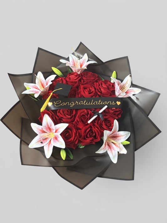 Artificial Red Rose Graduation Bouquet, Congratulations Flower Arrangement with Lilies and Gift Wrapping, Graduation Gift for Her, Daughter, Friend or Graduate