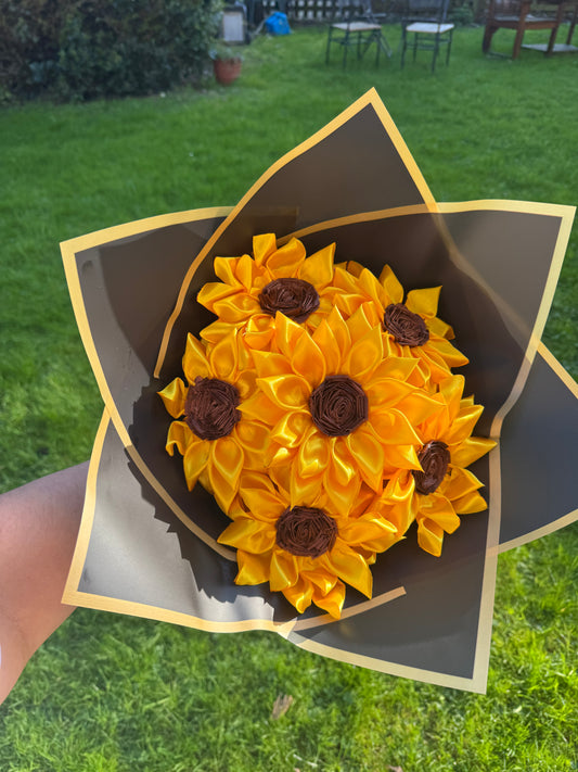 🌻 Handmade Ribbon Sunflower Bouquet - Golden Sunshine in Bloom