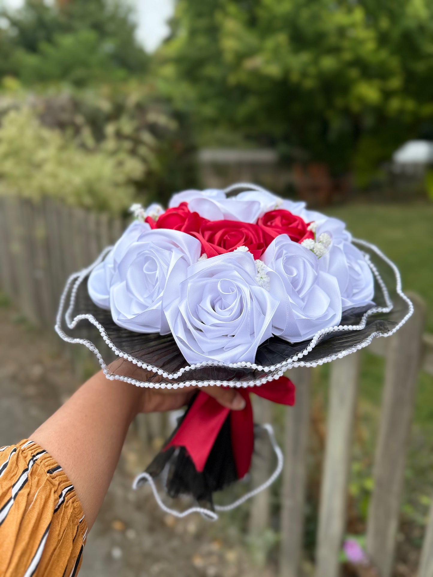 Eternal black Love shape Red & White Satin Rose Bouquet 🌹🖤💫